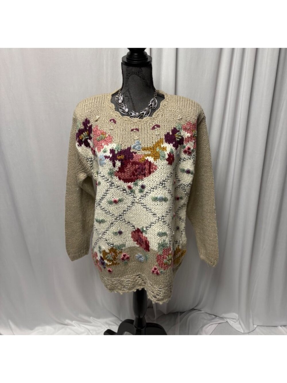 Bobbie Brooks Hand Knitted Floral Sweater Womens Medium Beige Cottagecore VTG
